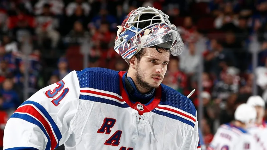 Igor Shesterkin #31 of the New York Rangers looks on during the second period against the New Jersey Devils at Prudential Center on February 22, 2024 in Newark, New Jersey.
