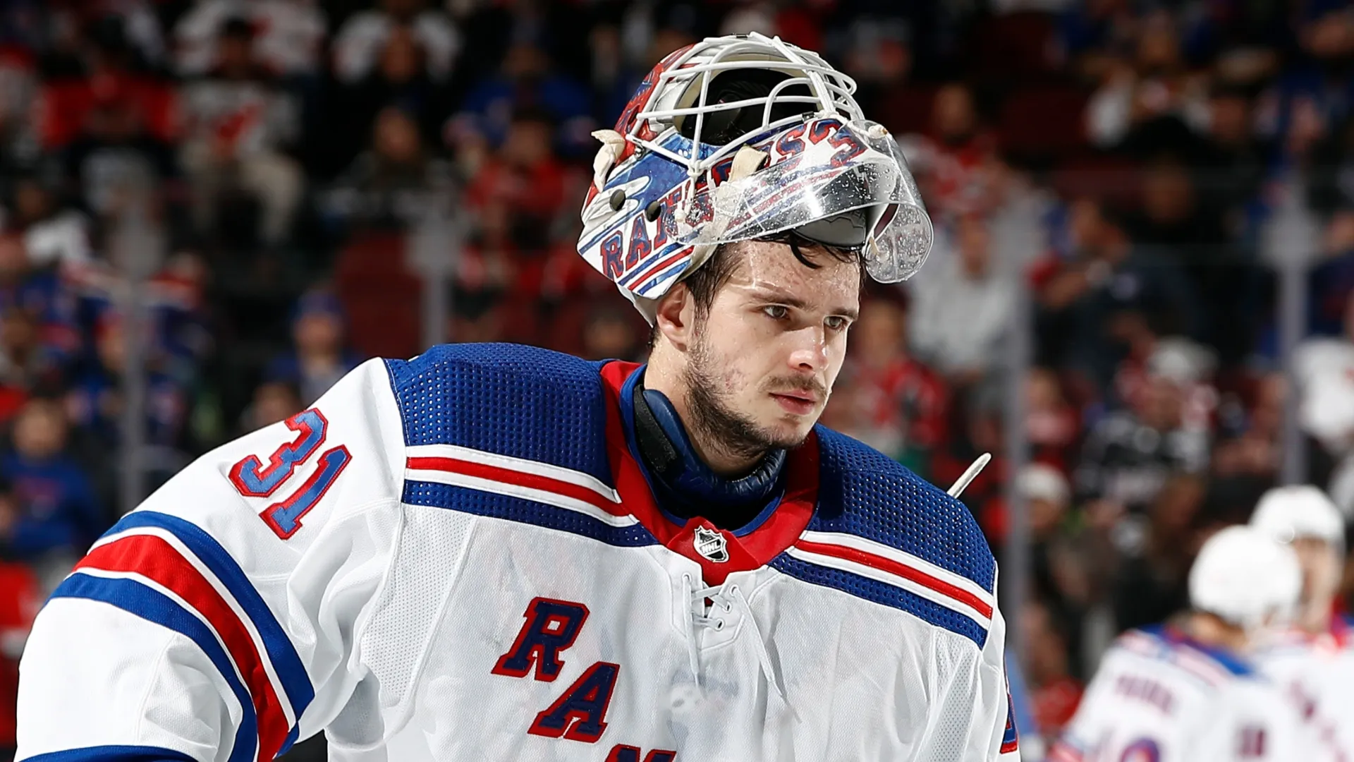 Igor Shesterkin #31 of the New York Rangers looks on during the second period against the New Jersey Devils at Prudential Center on February 22, 2024 in Newark, New Jersey.