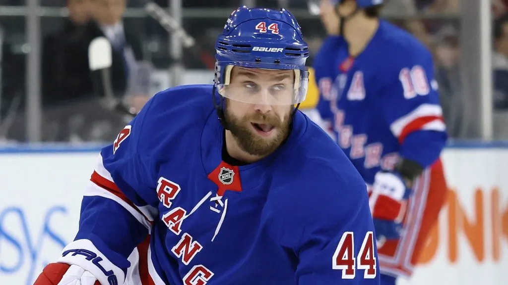 Calvin de Haan #44 of the New York Rangers skates in his first game with the team against the Nashville Predators at Madison Square Garden on March 02, 2025 in New York City.