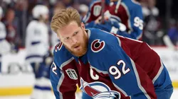 Gabriel Landeskog #92 of the Colorado Avalanche warms up prior to Game Two against the Tampa Bay Lightning in the 2022 NHL Stanley Cup Final at Ball Arena on June 18, 2022 in Denver, Colorado.