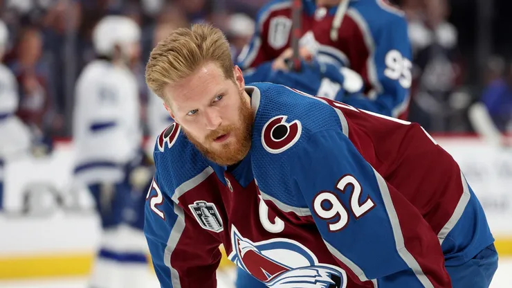 Gabriel Landeskog #92 of the Colorado Avalanche warms up prior to Game Two against the Tampa Bay Lightning in the 2022 NHL Stanley Cup Final at Ball Arena on June 18, 2022 in Denver, Colorado.