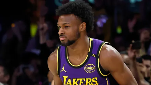 Bronny James #9 of the Los Angeles Lakers after making a three-point shot against the San Antonio Spurs in the second half at Crypto.com Arena on March 17, 2025 in Los Angeles, California.