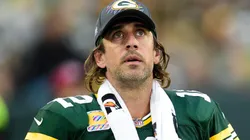 Aaron Rodgers #12 of the Green Bay Packers looks on from the sideline dthird quarter against the Pittsburgh Steelers at Lambeau Field on October 03, 2021 in Green Bay, Wisconsin.