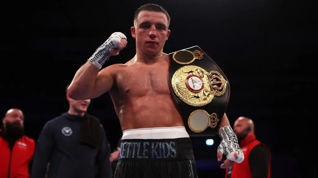 Nick Ball celebrates victory in the WBA Featherweight world title fight between Nick Ball and Ronny Rios at M&amp;S Bank Arena on October 05, 2024. (Source: Lewis Storey/Getty Images)