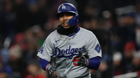 Mookie Betts #50 of the Los Angeles Dodgers reacts after scoring a run against the Washington Nationals at Nationals Park on April 7, 2025 in Washington, DC.