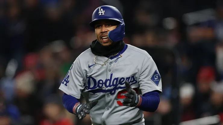 Mookie Betts #50 of the Los Angeles Dodgers reacts after scoring a run against the Washington Nationals at Nationals Park on April 7, 2025 in Washington, DC.