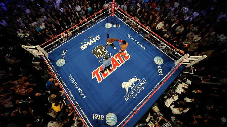 An overhead view of the ring as Timothy Bradley (L) punches Manny Pacquiao during their WBO welterweight title fight at MGM Grand Garden Arena on June 9, 2012.