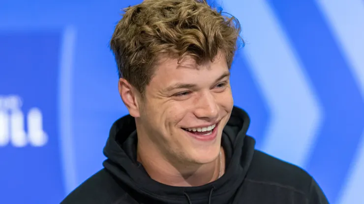 JJ McCarthy #QB05 of the Michigan Wolverines speaks to the media during the 2024 NFL Draft Combine at Lucas Oil Stadium on March 01, 2024 in Indianapolis, Indiana.