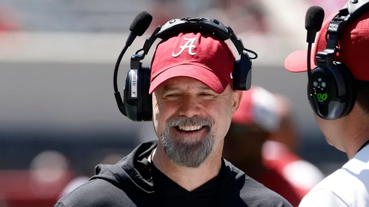 Offensive Coordinator Ryan Grubb talks with other coaches during the Alabama Spring Game at Bryant Denny Stadium on April 12, 2025 in Birmingham, Alabama.