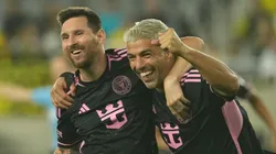 Lionel Messi #10 and Luis Suarez #9 of Inter Miami CF celebrate a goal in the second half against the Columbus Crew at Lower.com Field on October 02, 2024 in Columbus, Ohio.