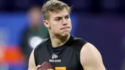 Will Howard #QB07 of Ohio State participates in a drill during the NFL Scouting Combine at Lucas Oil Stadium on March 01, 2025 in Indianapolis, Indiana.