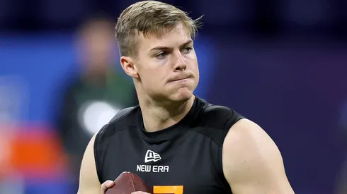 Will Howard #QB07 of Ohio State participates in a drill during the NFL Scouting Combine at Lucas Oil Stadium on March 01, 2025 in Indianapolis, Indiana.