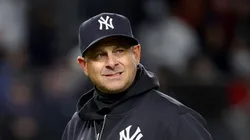 Aaron Boone #17 of the New York Yankees walks back to the dugout after a pitching change in the eighth inning against the Arizona Diamondbacks at Yankee Stadium on April 01, 2025 in the Bronx borough of New York City.