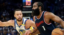 James Harden #1 of the LA Clippers is guarded by Stephen Curry #30 of the Golden State Warriors