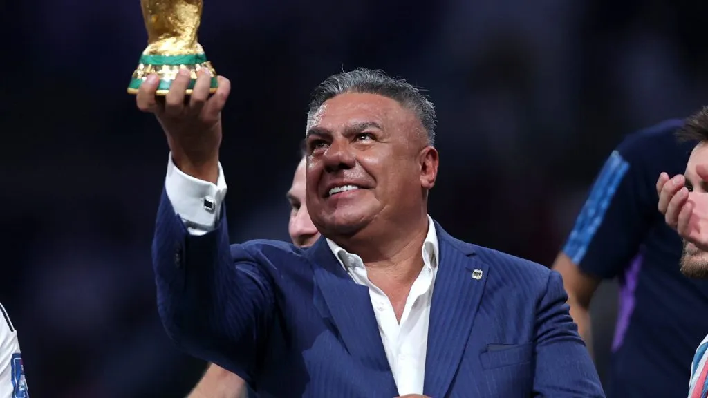 Claudio Tapia, President of the Argentine Football Association, lifts the FIFA World Cup Qatar 2022 Winner's Trophy