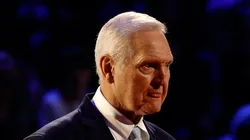 Jerry West reacts after being introduced as part of the NBA 75th Anniversary Team during the 2022 NBA All-Star Game