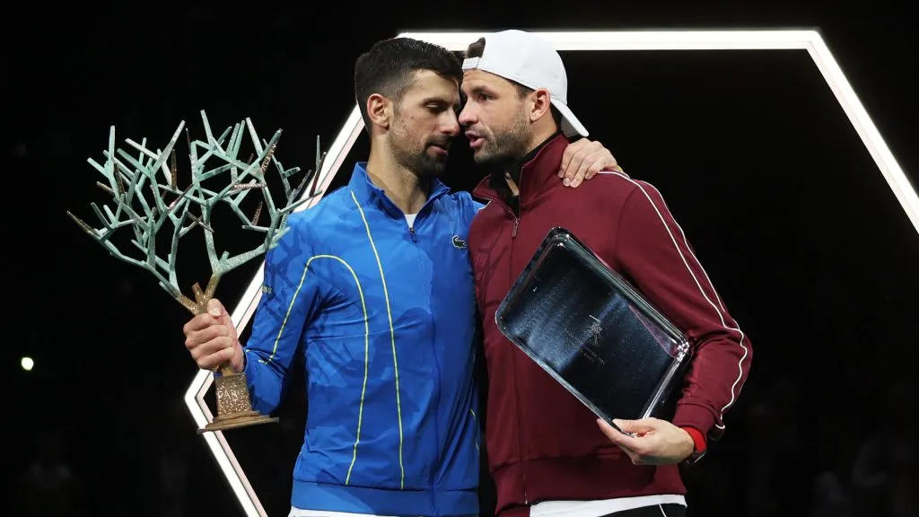 Dimitrov and Djokovic during the Paris Open trophy ceremony in 2023 (Dean Mouhtaropoulos/Getty Images)