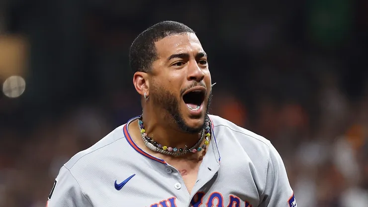 Jose Siri #19 of the New York Mets celebrates with Pete Alonso #20 after scoring in the sixth inning against the Houston Astros at Daikin Park on March 29, 2025 in Houston, Texas.