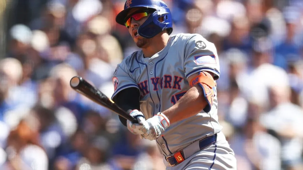 LOS ANGELES, CALIFORNIA – OCTOBER 14: Tyrone Taylor #15 of the New York Mets hits for an RBI double against the Los Angeles Dodgers in the second inning during Game Two of the Championship Series at Dodger Stadium on October 14, 2024 in Los Angeles, California.  (Photo by Harry How/Getty Images)