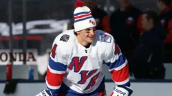 Matthew Robertson #44 of the New York Rangers warms up prior to the 2024 Navy Federal Credit Union Stadium Series against the New York Islanders at MetLife Stadium on February 18, 2024 in East Rutherford, New Jersey.