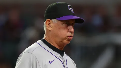 Manager Bud Black #10 of the Colorado Rockies reacts as we walks off the field after pulling Jake Bird #59 in the sixth inning against the Atlanta Braves at Truist Park on September 04, 2024 in Atlanta, Georgia.