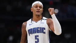 Paolo Banchero #5 of the Orlando Magic celebrates against the Washington Wizards.