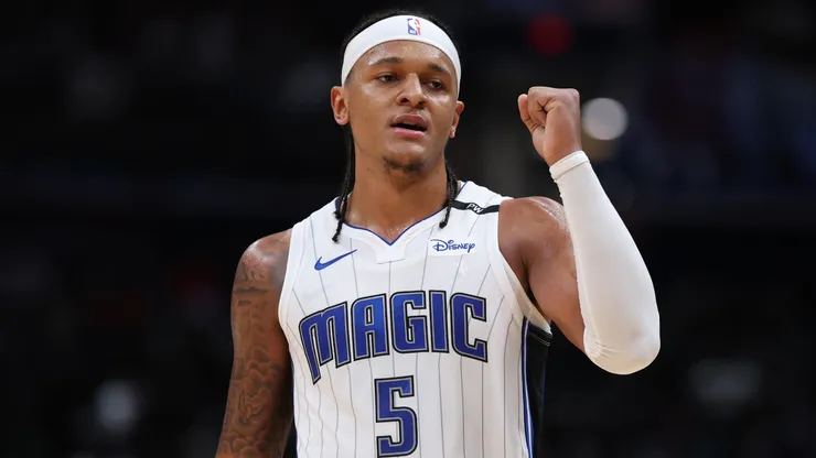 Paolo Banchero #5 of the Orlando Magic celebrates against the Washington Wizards.