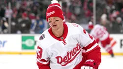 Lucas Raymond #23 of the Detroit Red Wings warms up prior to the 2025 NHL Stadium Series against the Columbus Blue Jackets at Ohio Stadium.