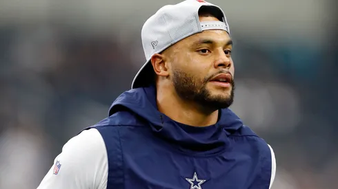 Dak Prescott #4 of the Dallas Cowboys warms up before the game against the Jacksonville Jaguars at AT&T Stadium on October 14, 2018 in Arlington, Texas.
