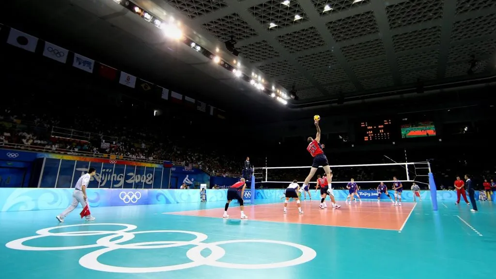 Clayton Stanley #13 of the United States serves while taking on Russia during the semifinal volleyball game at the Capital Indoor Stadium on Day 14 of the Beijing 2008 Olympic Games. (Source: Nick Laham/Getty Images)