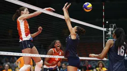 Robin de Kruijf #5 of Netherlands spikes during the Women's Bronze Medal Match between Netherlands and the United States on Day 15 of the Rio 2016 Olympic Games.