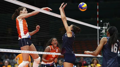 Robin de Kruijf #5 of Netherlands spikes during the Women's Bronze Medal Match between Netherlands and the United States on Day 15 of the Rio 2016 Olympic Games.