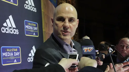 Rick Tocchet speaks to the press during Media Day for the 2020 NHL All-Star.