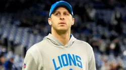 Jared Goff #16 of the Detroit Lions looks on prior to the NFC Divisional Playoff against the Washington Commanders at Ford Field on January 18, 2025 in Detroit, Michigan.