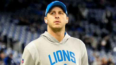 Jared Goff #16 of the Detroit Lions looks on prior to the NFC Divisional Playoff against the Washington Commanders at Ford Field on January 18, 2025 in Detroit, Michigan.