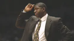 Los Angeles Lakers head coach Earvin (Magic) Johnson looks on during a game against the Atlanta Hawks at the Great Western Forum in Inglewood, California.