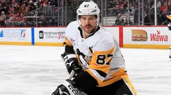 Sidney Crosby #87 of the Pittsburgh Penguins skates against the New Jersey Devils at Prudential Center on April 11, 2025 in Newark, New Jersey.