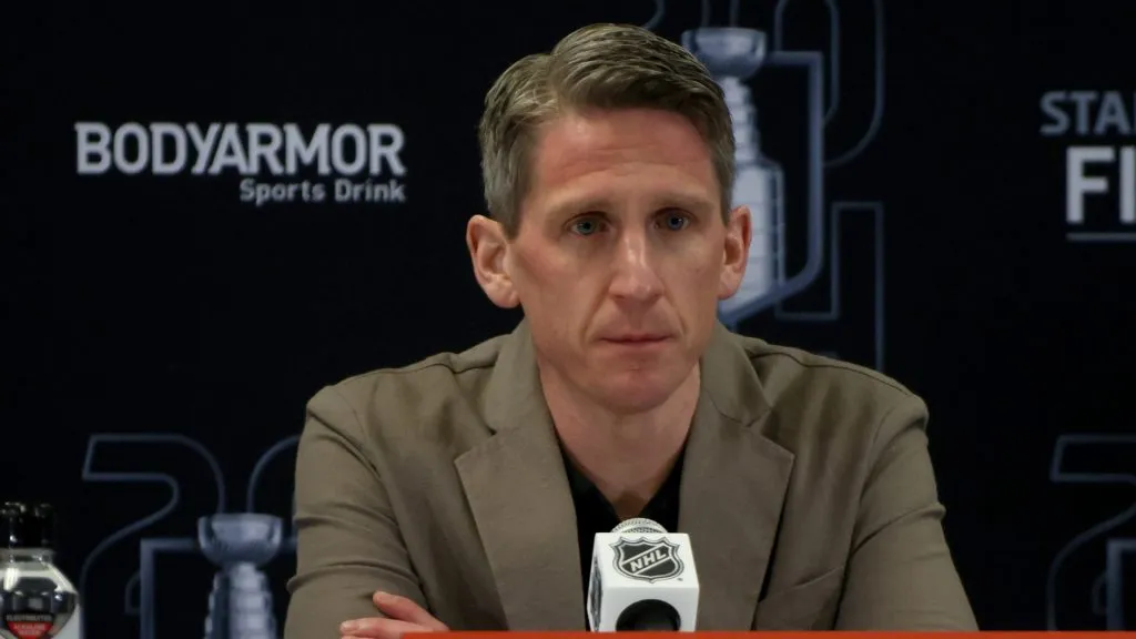 Head coach Kris Knoblauch of the Edmonton Oilers speaks to the media during Media Day prior to the 2024 Stanley Cup Final at Amerant Bank Arena on June 07, 2024 in Sunrise, Florida.