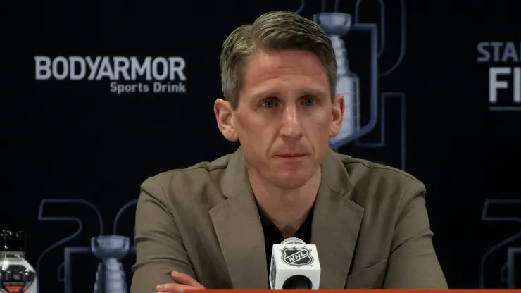 Head coach Kris Knoblauch of the Edmonton Oilers speaks to the media during Media Day prior to the 2024 Stanley Cup Final at Amerant Bank Arena on June 07, 2024 in Sunrise, Florida.