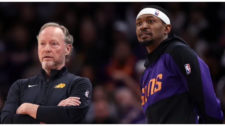 Head coach Mike Budenholzer of the Phoenix Suns and Bradley Beal #3 watch the action during the first half against the Philadelphia 76ers at Footprint Center on November 04, 2024 in Phoenix, Arizona.