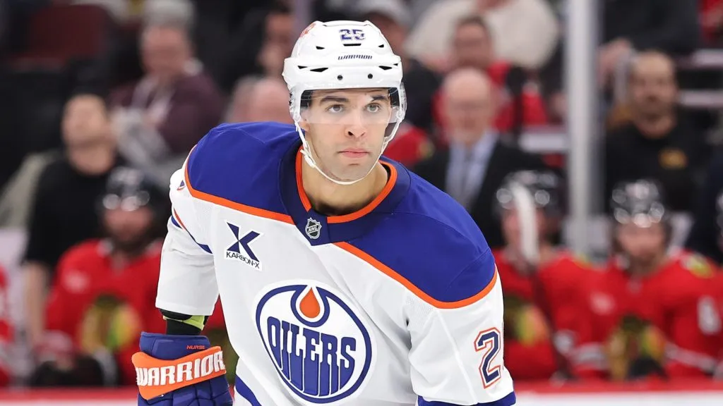Darnell Nurse #25 of the Edmonton Oilers looks on against the Chicago Blackhawks during the third period at the United Center on February 05, 2025 in Chicago, Illinois.