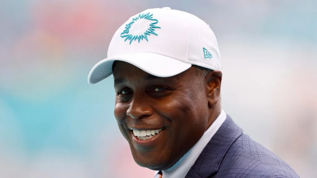 General manager Chris Grier of the Miami Dolphins looks on prior to the game against the Buffalo Bills at Hard Rock Stadium on September 19, 2021 in Miami Gardens, Florida.
