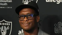 Quarterback Geno Smith (L) and head coach Pete Carroll of the Las Vegas Raiders attend a news conference introducing Smith on April 07, 2025.