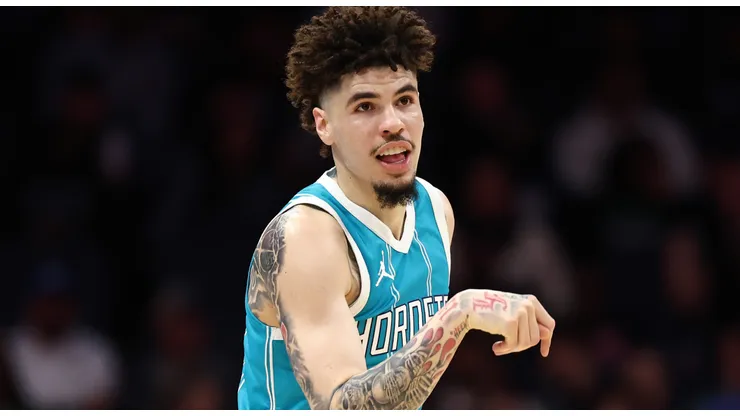 LaMelo Ball #1 of the Charlotte Hornets reacts during the first half of the game against the Minnesota Timberwolves at Spectrum Center on March 05, 2025 in Charlotte, North Carolina.