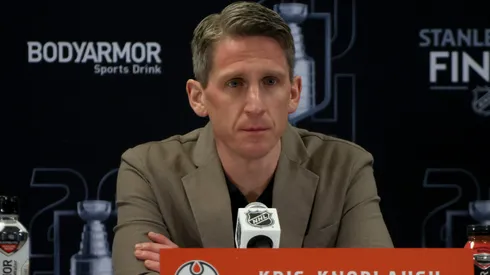 Head coach Kris Knoblauch of the Edmonton Oilers speaks to the media during Media Day prior to the 2024 Stanley Cup Final at Amerant Bank Arena on June 07, 2024.
