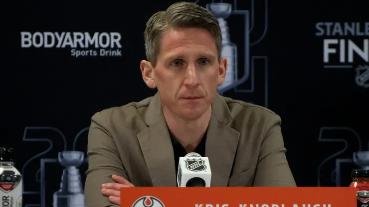 Head coach Kris Knoblauch of the Edmonton Oilers speaks to the media during Media Day prior to the 2024 Stanley Cup Final at Amerant Bank Arena on June 07, 2024.