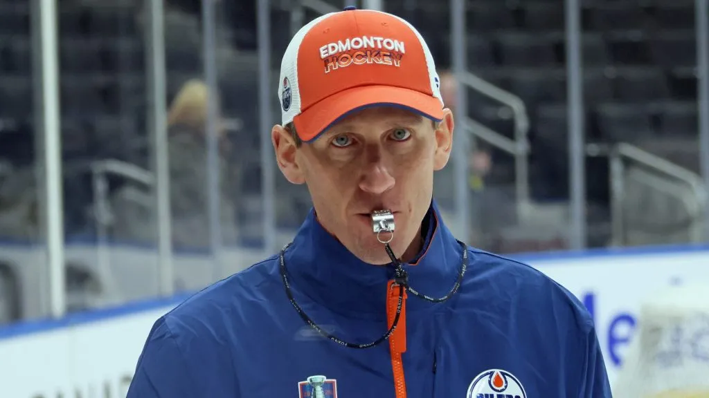Head coach Kris Knoblauch of the Edmonton Oilers takes part in practice during the off day between games against the Florida Panthers in the 2024 NHL Stanley Cup Final. (Source: Bruce Bennett/Getty Images)