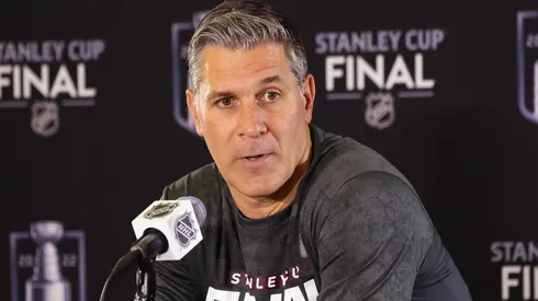 Head coach Jared Bednar of the Colorado Avalanche speaks with the media during the 2022 NHL Stanley Cup Final Media Day at Ball Arena on June 14, 2022.