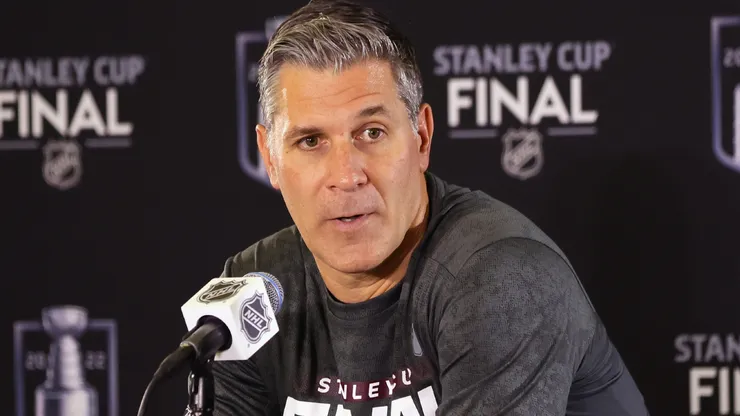 Head coach Jared Bednar of the Colorado Avalanche speaks with the media during the 2022 NHL Stanley Cup Final Media Day at Ball Arena on June 14, 2022.