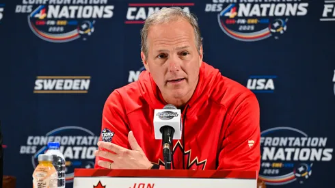 Head coach Jon Cooper of Canada takes questions during media day ahead of the 2025 NHL 4 Nations Face-Off at the Bell Centre on February 11, 2025.